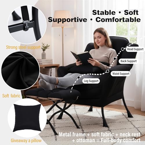 Lazy Chair with Ottoman, Comfy Reading Chair for Bedroom，Black | Comfy Bedroom Accent Chair with Washable Removable Cover and extra throw pillow for Living Room Dorm - color: Midnight Peach Black