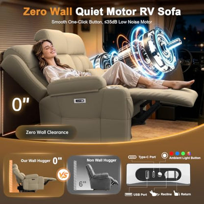 Home Theater Seating, Power Loveseat Recliner Sofa with Massage & Heat | Wall Hugger Reclining Loveseat with USB, RV Couch with LED Lights, Flip Backrest, Cup Holders for Movie Theater, Gaming Room - color: Pebbled Beige White, size: 72" - 2 Seats