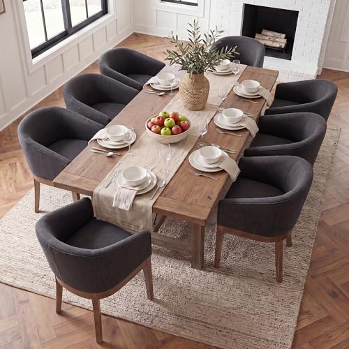HNY Barrel Dining Chairs Set of 8, Mid Century Modern Upholstered Dining Chairs with Arms, Linen Kitchen & Dining Room Chairs, Solid Wood Frame Accent Chairs for Kitchen, Apartment, Charcoal Black - color: Charcoal,natural Lges, size: 8 Chairs