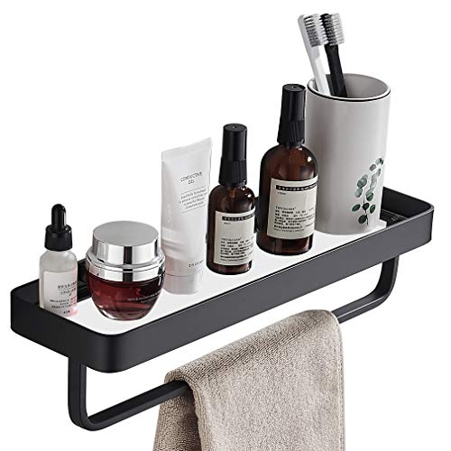 15.7 Inch Bathroom Tempered Glass Shelf with Towel Bar,Wall Mounted Aluminum Shower Organizer,Over Toilet Storage Cabinet,Matte Black,Kitchen Rectangular Vanity Rack - color: Matte Black