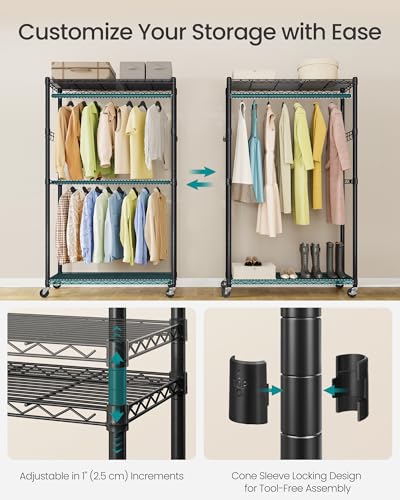 SONGMICS Heavy-Duty Rolling Clothes Rack, Garment Rack, Portable Closet on Wheels, with Adjustable Mesh Shelves and Hanging Rails, Hooks, 15.8 x 35.4 x 78.3 Inches, Ink Black ULGR416BH01 - size: 35.4"W