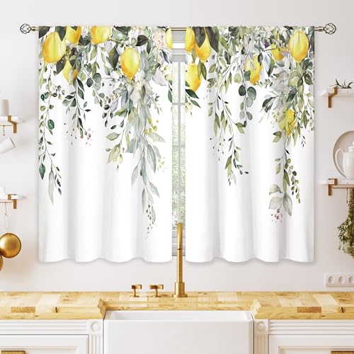 Yellow Lemon Eucalyptus Botanical Leaves Floral Kitchen Window Curtains Farmhouse Flower Leaf Small Treatment Sage Green Cafe Short Curtains for Bathroom Treatment Tier Drapes 26x30 inch - color: 05 Green Yellow, size: 26"W x 30"L (Pack of 2)
