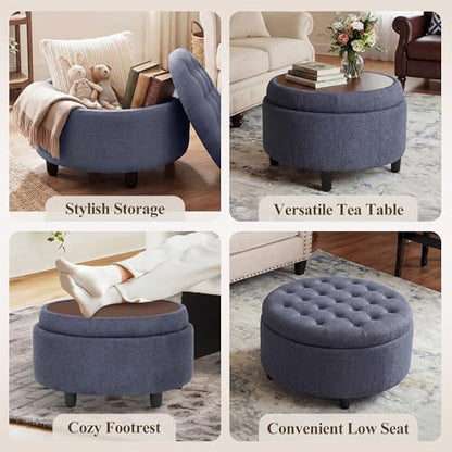 COLAMY Round Hidden Storage Ottoman with Reversible Tray Lid – Multi-Functional Footrest, Sturdy & Stylish Fabric Coffee Table for Living Room, Bedroom, or Entryway, Blue - color: Blue