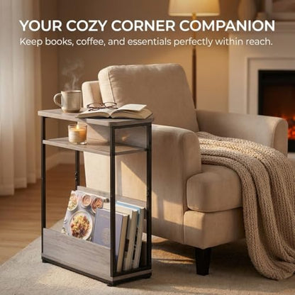 Narrow Side Table,3-Tier Slim End Table with Storage Shelf,Modern Sofa Table Thin Side Table for Narrow and Small Spaces, Skinny Bedside Table Small Nightstand with Magazine Rack Space Saving/Oak - color: Oak
