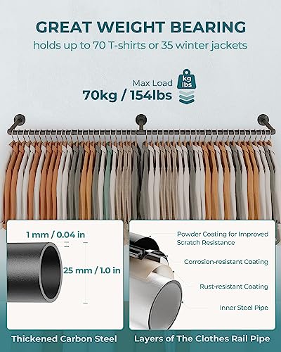 OROPY 65.7" Heavy Duty Industrial Pipe Clothes Rack for Hanging Clothes | Wall Mounted Clothes Bar, Space Saving Iron Garment Rack, Multi-Purpose Hanging Rod for Bedroom, Closet, Black, 3 Base