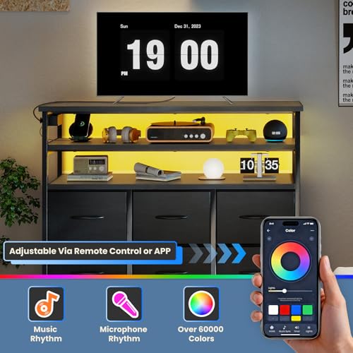 DUMOS LED TV Stand Dresser with Charging Station, Entertainment Center | Media Console for Living Room, App Controlled, 6 Fabric Drawers and 2 Shelves, Black