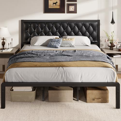 Fluest King Bed Frame with Headboard PU Leather Upholstered Bed Frame Platform,All Metal Slats Support Platform Bed Frame with Storage Space,Easy Assembly,Noise Free,No Box Spring Needed,Black - color: Black, size: King