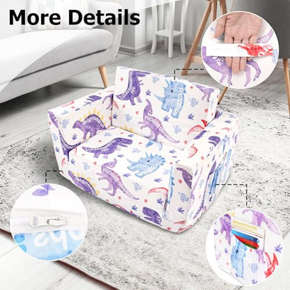Kids Couch, 2-in-1 Kids Fold Out Couch | Convertible Sofa to Lounger for Girls and Boys, Soft Toddler Chairs Comfy 1-3 Years Old, White Dinosaur - color: White Dinosaur