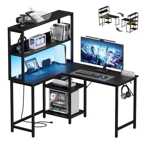 DUMOS L Shaped Desk, Gaming Desk, Power Outlet, 43 Inch | Reversible Corner Computer Table, Adjustable Shelf CPU Stand, Home Office Writing Table, LED, Black - color: Black, size: 43 IN