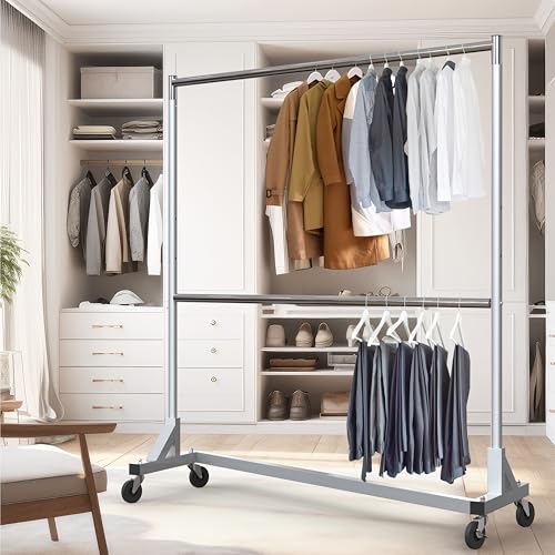Simple Houseware Commercial Grade Z-Base Double Rod Garment Rack, Silver | 600Lb Load with 63" Extra Long Bar, Adjustable Middle Bar