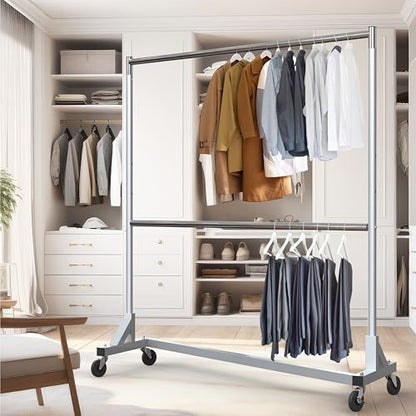 Simple Houseware Commercial Grade Z-Base Double Rod Garment Rack, Silver | 600Lb Load with 63" Extra Long Bar, Adjustable Middle Bar