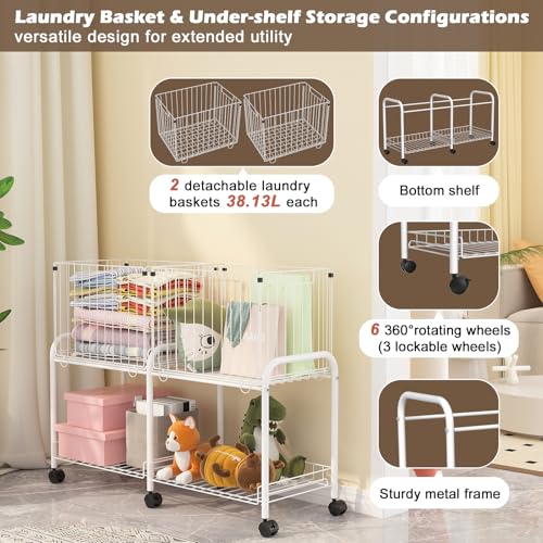 Rolling Laundry Cart with Wheels,76L Laundry Hamper Sorter Trolley with Extra Shelf,2 Removeable Collapsible Wire Storage Basket