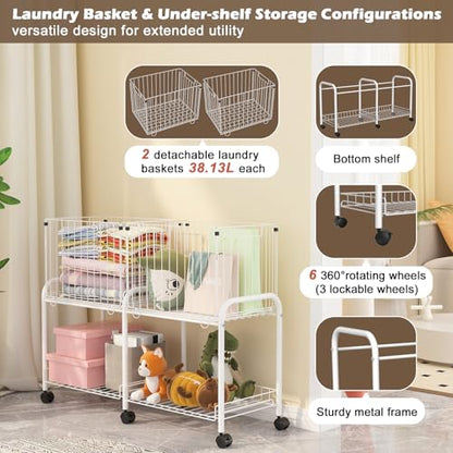 Rolling Laundry Cart with Wheels,76L Laundry Hamper Sorter Trolley with Extra Shelf,2 Removeable Collapsible Wire Storage Basket