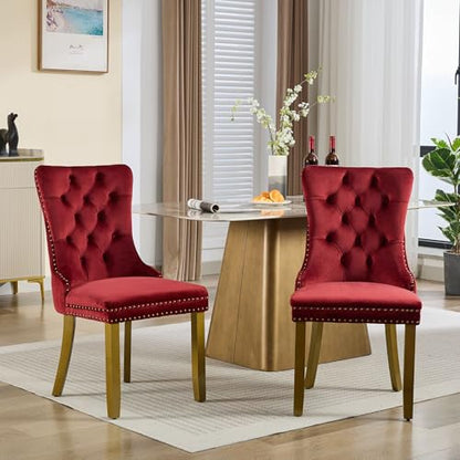 KEIKI Upholstered Velvet Dining Chair, Mid-Century Tufted Accent Seat | with Golden Solid Wood Legs for Dining Room Kitchen Room, Wine Red - color: Wine Red