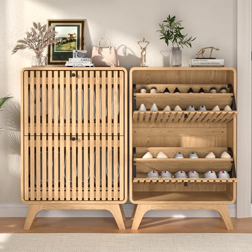 Jluomei Narrow Shoe Cabinet Storage for Entryway, Modern Cabinet Rack with 2 Flip Drawers, Slim Wood Fluted Entry Way Shoe Organizer, Wooden, Small, Farmhouse, Freestanding, Natural Oak - color: Natural
