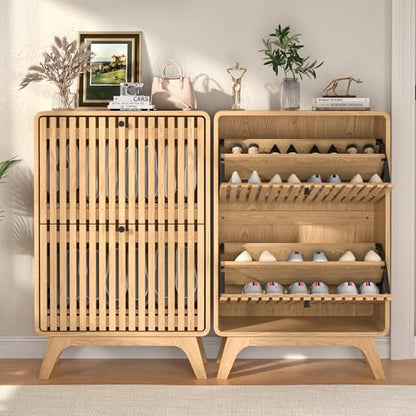 Jluomei Narrow Shoe Cabinet Storage for Entryway, Modern Cabinet Rack with 2 Flip Drawers, Slim Wood Fluted Entry Way Shoe Organizer, Wooden, Small, Farmhouse, Freestanding, Natural Oak - color: Natural