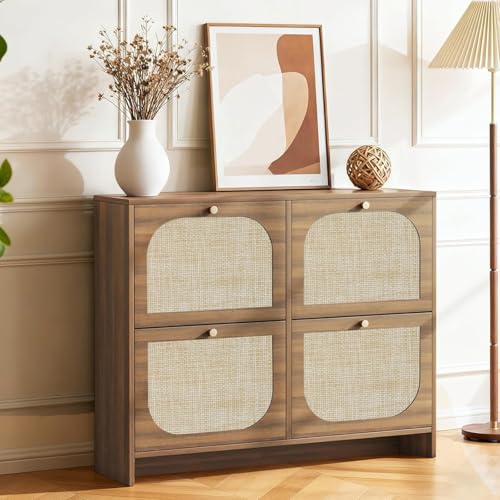 Freestanding Ultra Slim Fluted Accent Shoe Storage Cabinet for Entryway - 4 Flip Drawers & 3-Tier Adjustable Shelves, Farmhouse Modern Rustic Shoe Rack for Hallway, Foyer, Living Room - color: Smoked Oak
