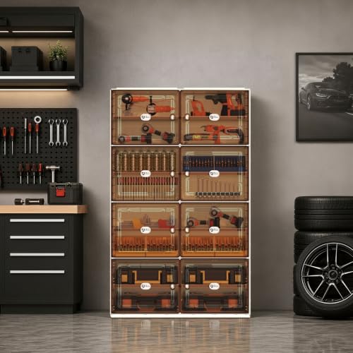 White Shoe Rack Organizer for 32 Pairs of Folding Design | Tool-free Assembly, Magnetic Clear Door, Anti-Tiping, Sneaker Storage, adjustable shelf, Folding Design, Garage, Entryway - size: 8Tier