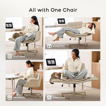 amseatec Criss Cross Office Chair, Swivel Makeup Vanity Chair with Wheels | Wide PU seat supports cross-legged, fidget-friendly sitting; 5-level armrests create pet space; wipe-clean finish eases care - color: Cream