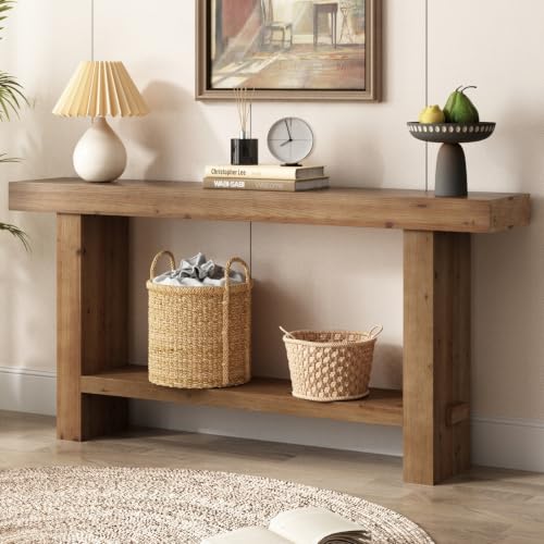 63" Solid Wood Console Table with Thickened Tabletop and Legs | Long Farmhouse Entryway Table, Narrow Behind Couch Skinny Rustic Sofa Table, for Living Room, Hallway, Entry