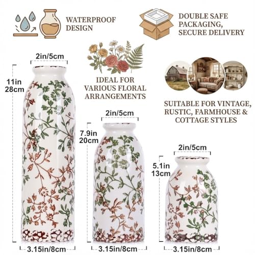 Green Ceramic Vase Set of 3 - Modern Rustic Farmhouse Style, Decorative Vases for Dining Table, Shelf, Bedroom, Living Room, Kitchen, Office, Bathroom, Mantle, Centerpiece Décor (Green) - color: Green