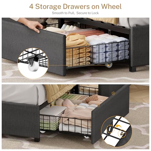 Queen Bed Frame with Headboard and 4 Drawers Storage, Bed Frame Queen Size Built in LED Lights and Charging Station, Sturdy & Noise-Free Upholstered Platform Metal Support Bed, Dark Grey
