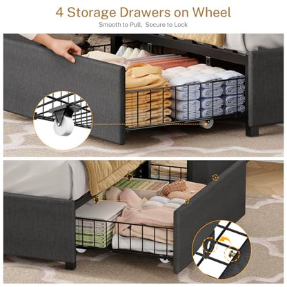 Queen Bed Frame with Headboard and 4 Drawers Storage, Bed Frame Queen Size Built in LED Lights and Charging Station, Sturdy & Noise-Free Upholstered Platform Metal Support Bed, Dark Grey