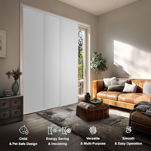 CHICOLOGY Panel Track Blinds, White, 86"x96", Cordless, Sliding Glass Door | 4 Fabric Panels, Fits 46–86″ Wide, Wall/Ceiling Mount, Room Divider Ready, Height Trimmable, Child & Pet Safe - color: Movie Night White