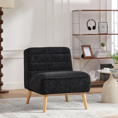 24.4" Modern Armless Accent Chair, Upholstered Soft Chenille with Natural Rubber Wood Legs, Comfy Reading Chairs for Small Spaces, Living Room, Bedroom, Office (Black, Chenille) - color: Black