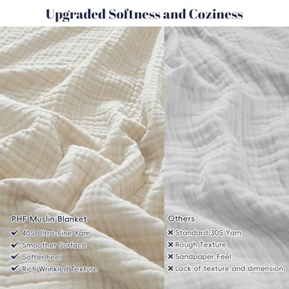 PHF 100% Cotton Muslin Throw Blanket 50" x 60", 4-Layer Lightweight and Breathable Blanket, Luxuriously Soft Gauze Throws for Couch Bed Sofa, Ideal Gift Choice, Oat Milk - color: Oat Milk, size: Throw(50"X60")