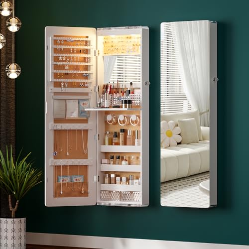 HNEBC Full Length Mirror with Storage, Wall Mounted Jewelry Cabinet with Lights, Lockable Over Door Jewelry Organizer with Drawer, Foldout Makeup Tray 47.2" Hx14.5 Wx3.9 D, White - color: 93A-white
