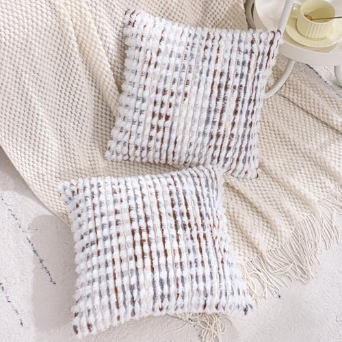LUOYEHK Boho Throw Pillow Covers 16x16 Inch Set of 2 Chenille Tufted Pillowcase Farmhouse Neutral Cushion Covers for Couch Sofa Bed Living Room, Brown White - color: Brown White, size: 16" x 16" (Pack of 2)