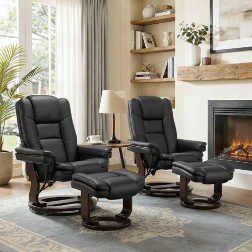 Swivel Recliner Chair with Ottoman Reclining Lounge Sofa Footrest, Set of 2 | 360°Sturdy Wood Base, Soft Faux Leather, Upholstered Ultra-Plush Foam, Modern Armchair, Living Room Bedroom Office Reading - color: Black, size: Set of 2