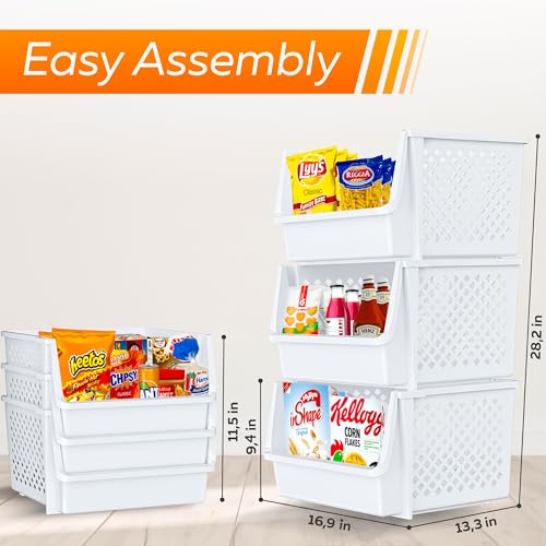 XLarge Stackable Storage Bins Open Front for Pantry Storage, 6 Pack - White | Sturdy Plastic, Easy Stacking, Open Front Access, Ventilated Sides, Vertical & Space Saving Pantry Organizers and Storage Bin - color: White, size: 6 Pack - XLarge