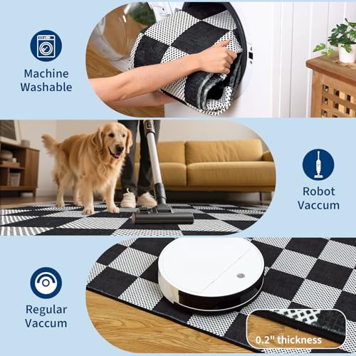 GarveeHome Checkered Black White 2x6 Washable Low-Pile Kitchen Runner Rug | Non-Slip Black and White Stain Resistant Rug for Kitchen Entryway Bedroom Bathroom Geometric Modern Rug TPE Backing - color: Dark, size: 2' x 6' (Rectangular)