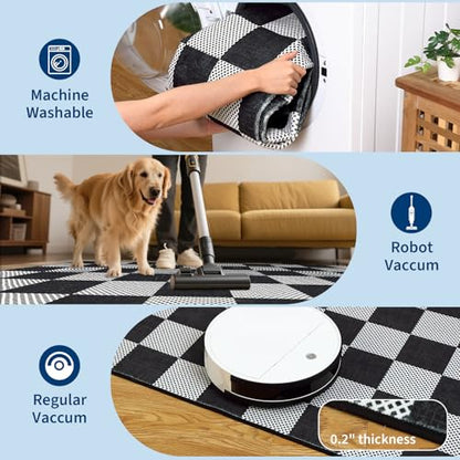 GarveeHome Checkered Black White 2x6 Washable Low-Pile Kitchen Runner Rug | Non-Slip Black and White Stain Resistant Rug for Kitchen Entryway Bedroom Bathroom Geometric Modern Rug TPE Backing - color: Dark, size: 2' x 6' (Rectangular)