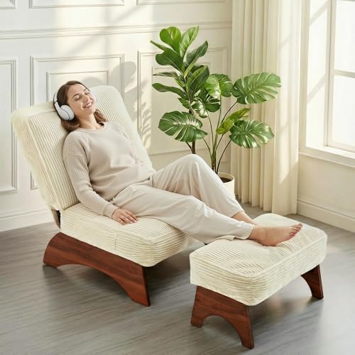 EROMMY Accent Chair with Ottoman, Modern Corduroy Living Room Chair with Adjustable Backrest & Footrest Set, Comfy Reading Chair for Living Room Bedroom Reading Room Guestroom, Cream - color: Cream