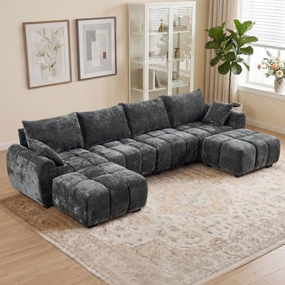 143" Oversized U Shaped Cloud Modular Sectional Sofa, Modern Chenille Upholstered 6 Seater Couch with 2 Removable Ottomans, Tufted Deep Seat & Wood Legs, Large Grey Sectional Couches for Living Room - color: Grey, size: U-Shaped Couch