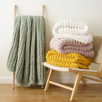 Sage Green Chunky Knit Throw Blanket, Knit Throw Blanket for Couch 50"x60" | Handmade Cable Knit Crochet Blanket, Cozy Knot Green Knitted Throw Blankets, Light Green Chenille Blanket for Bed Sofa Home - color: Light Green