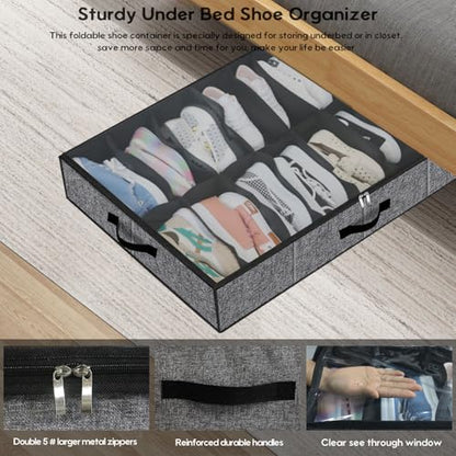 Onlyeasy Sturdy Under Bed Shoe Storage Organizer with Handles and Clear Window Fit 16 to 32 Pairs, Premium Foldable Shoes Container Box for Closet, 37.7x 23.6x 5.9 inch, Cotton-like Black, MXBUBS16P2 - color: 2 Shoes (16+16 Cells) Cotton-like Black