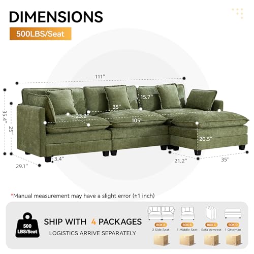 111'' Cloud Deep Seat Sectional Couch, Modern Comfy Chenille L Shaped Sectional Sofa with Movable Ottoman, Upholstered Modular 4-Seater Sofa Couch for Living Room, Green - color: Green, size: 111'' L Shape