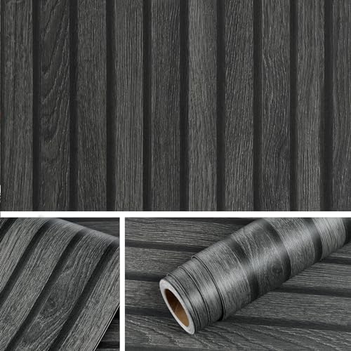 Livelynine Black Wood Slat Wallpaper Peel and Stick Black Faux Beadboard Wallpaper Renter Friendly Waterproof Wall Paper Modern Slate Contact Paper 15.8x78.8 3D Textured Wood Slat Wall Panel Roll - color: Black Wood Slats, size: 15.8" x 78.8"