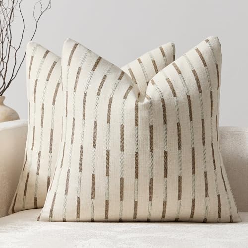 Set of 2 Throw Pillow Covers 18x18 Linen Decorative Couch Pillow Cases Neutral Beige Farmhouse Textured Square Accent Pillow Covers for Living Room Sofa Bedroom, Brown - color: Brown, size: 18" x 18" (Pack of 2)