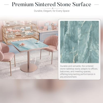 31.5'' Tulip Table, Square Dining Table with Glossy Sintered Stone Tabletop | Rose Gold Aluminum Alloy Edge & Pedestal, Small Bistro Table for Dining Room/Café/Small Spaces/Restaurant (Aqua Jade) - color: Aqua Jade (Rose Gold), size: Square