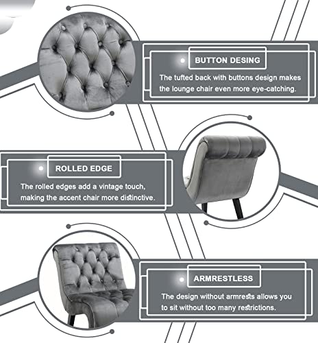 Comfy Velvet Accent Chair, Tufted Armless Side Chair with Rolled Edge | Modern Small Lounger for Living Room, Upholstered Reading Chaise Lounge with Solid Rubber Wood Legs, Silver - color: Silver, size: Set of 1