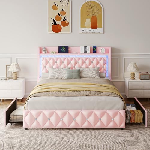 Full Bed Frame with LED Lights & Charging Station, Upholstered Bed Frame Full Size with Storage Headboard & 2 Drawers, Diamond Tufted, Curved Wingback, PU Leather, No Box Spring Needed, Pink - color: Pink, size: Full