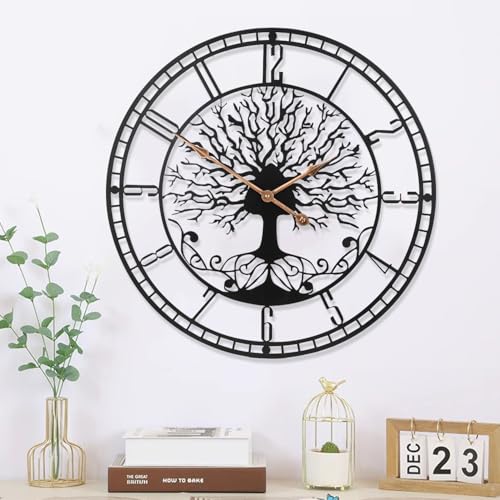 Dankeit Tree of Life Wall Clock, 24inch Black Metal Wall Clock, Silent Quartz Movement, Modern Home Decor - color: D