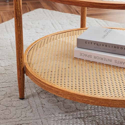 VINGLI 30" Rattan Coffee Table, Round Water-Wave Glass Metal Center Table, Modern Coffee Table with 2-Tier Storage, Farmhouse Circular Coffee Tables for Living Room and Small Space, Natural Vibe | Water-Wave Glass Metal Center Table, Boho Coffee Table wit