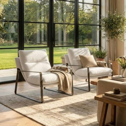 Set of 2 Modern Accent Chair, Sherpa Living Room Chair, White | Comfy Armchairs, Upholstered Lounge Armchair, Removable Seat Cushion, Black Metal Frame, For Reading Room, Bedroom, Balcony - color: White, size: 2PCS