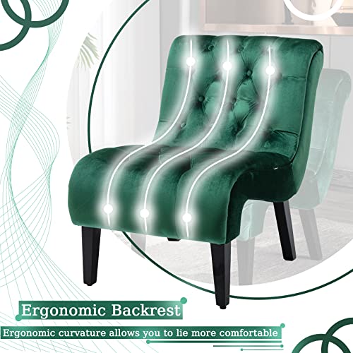Comfy Velvet Accent Chair, Tufted Armless Side Chair with Rolled Edge | Modern Small Lounger for Living Room, Upholstered Reading Chaise Lounge with Solid Rubber Wood Legs, Green - color: Green, size: Set of 1